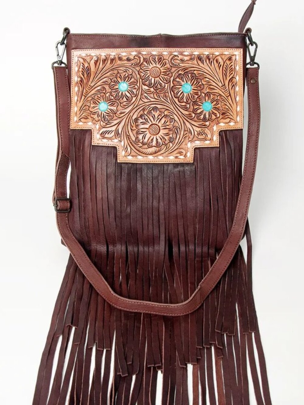 American Darling Boho Fringe Tooled Crossbody Bag